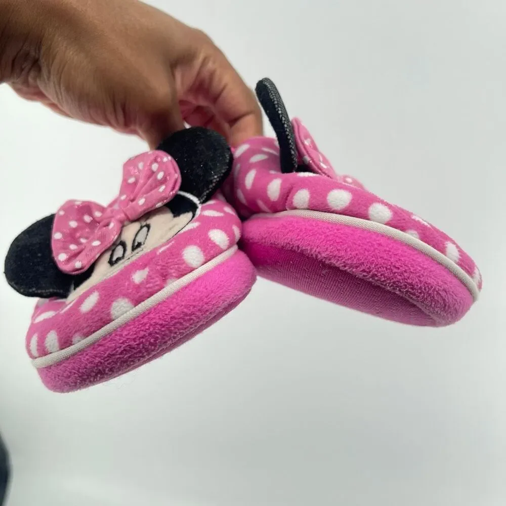 Disney Minnie Mouse Girls Pink Polka Dot Sequin Plush Slippers XL 11/12